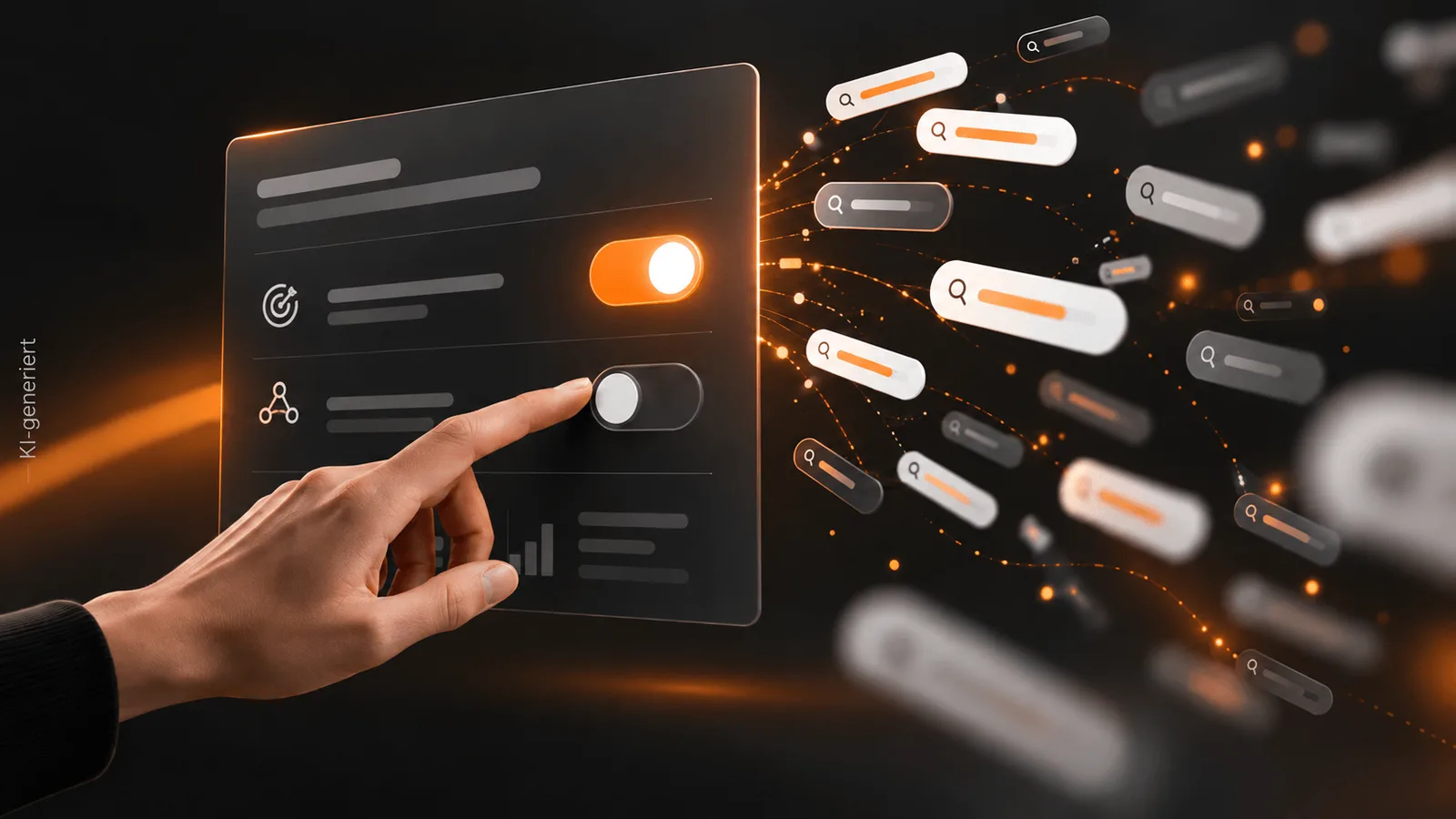 Hand auf digitalem Interface, Suchanfragen fließen mit oranger Beleuchtung
