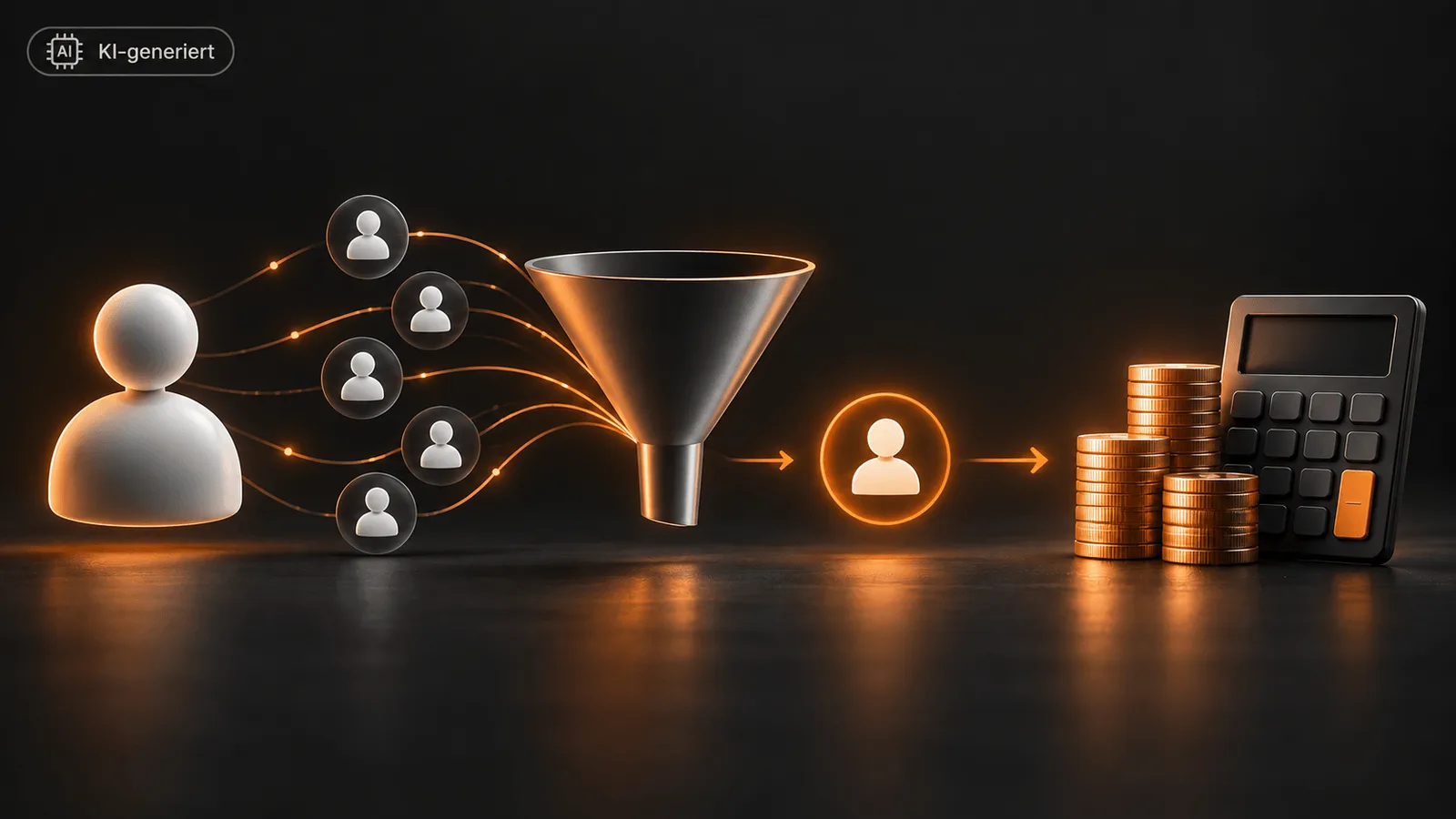 KI-Workflow zeigt Menschen, Trichter, Zielgruppe, Geld und Rechner mit orangem Licht