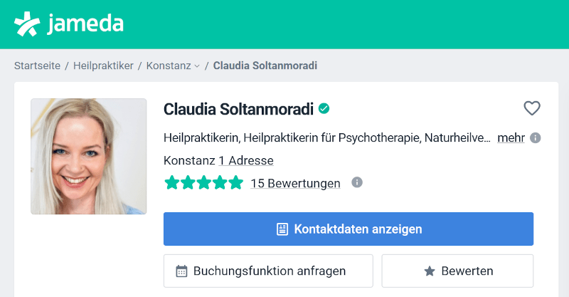 Jameda-Profil von Claudia Soltanmoradi mit 5 Sternen und 15 Bewertungen