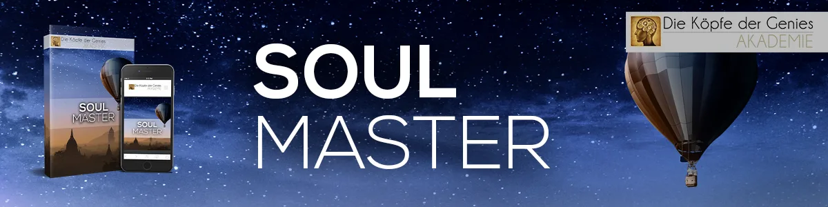 Soul Master Hero-Banner mit Produktboxen, Smartphone und Heißluftballon vor Sternenhimmel