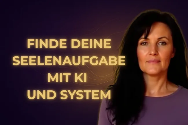 Hero-Banner mit Frau und goldenem Text: Finde deine Seelenaufgabe mit KI und System