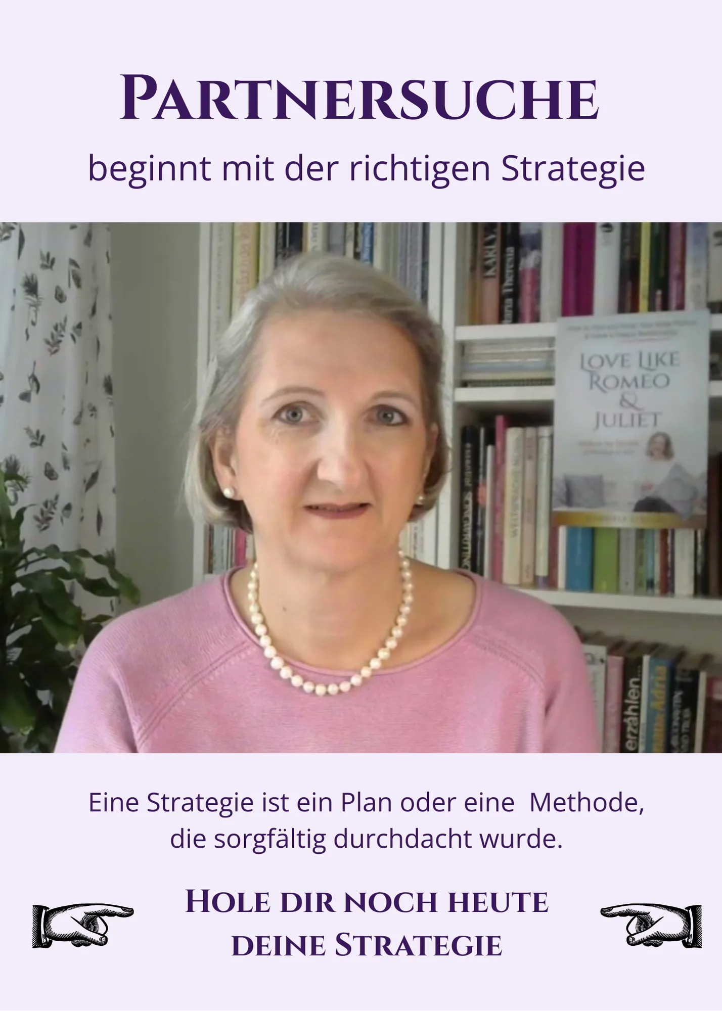 Gabriele Strasky in rosa Pullover mit Perlenkette vor Bücherregal, Text über Partnersuche-Strategie