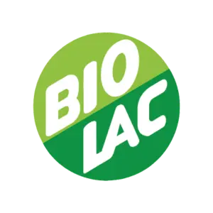 Rundes Logo mit grüner und dunkelgrüner Farbfläche und weißer Schrift BIOLAC