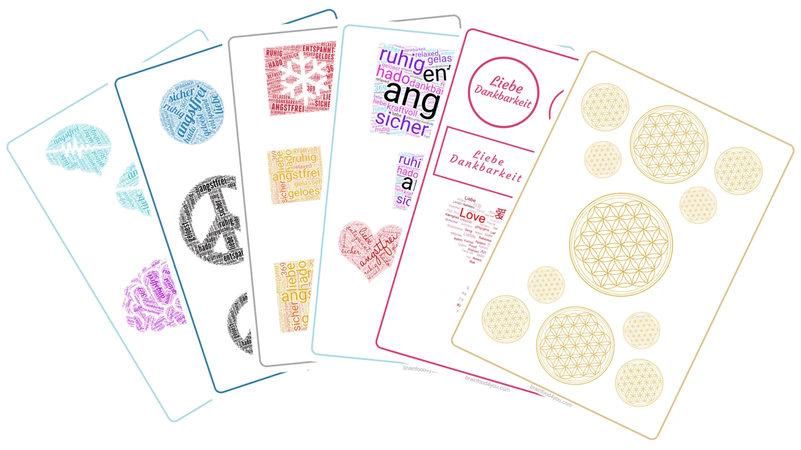 Sieben unterschiedliche Subliminal-Affirmationskarten mit Wort-Grafiken in Blau, Schwarz, Rosa, Orange und Gold