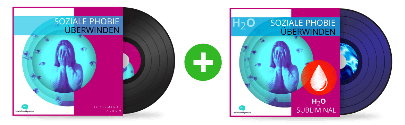 DUO Album Soziale Phobie Überwinden – zwei schwarze und violette Vinyl-Schallplatten nebeneinander mit Pluszeichen