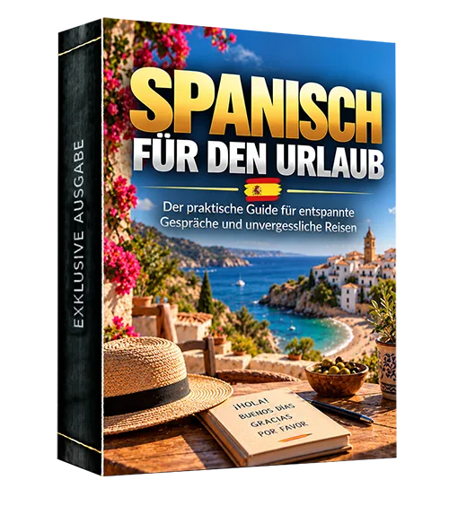 Produktbox Spanisch für den Urlaub mit mediterraner Strandszene und Strohhut