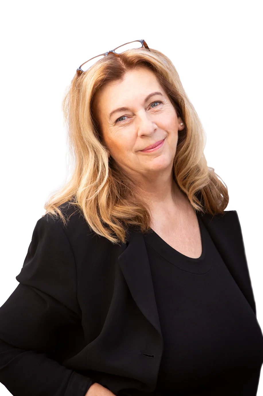 Porträt von Angelika E. Hohenberger, Frau mit schulterlangem rotblondem Haar, schwarzer Blazer
