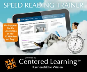 Speed Reading Trainer Mockup mit Laptop, Mann auf Wolken, Stoppuhr und Centered Learning Logo