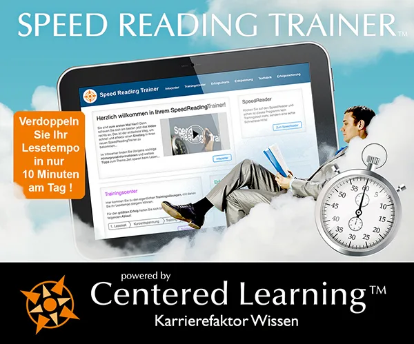 Speed Reading Trainer Mockup mit Laptop, Mann auf Wolken, Stoppuhr und Centered Learning Logo