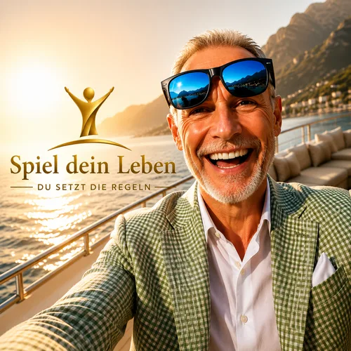 Mann mit Sonnenbrille auf Yacht, Spiel dein Leben Logo mit Figur, Meer und Berge im Hintergrund