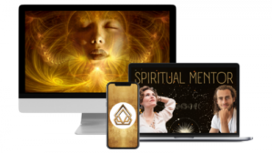 Spiritual Mentor Produktabbildung mit glühender Frau, Smartphone, Laptop und Desktop-Monitor