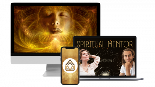 Spiritual Mentor – Coaching für spirituelles Business 1 Spiritual Mentor Produktabbildung mit glühender Frau, Smartphone, Laptop und Desktop-Monitor