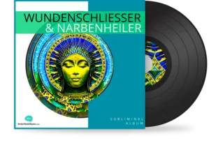Vinyl-Album-Mockup Wundenschließer & Narbenheiler mit grüner Göttin-Figur