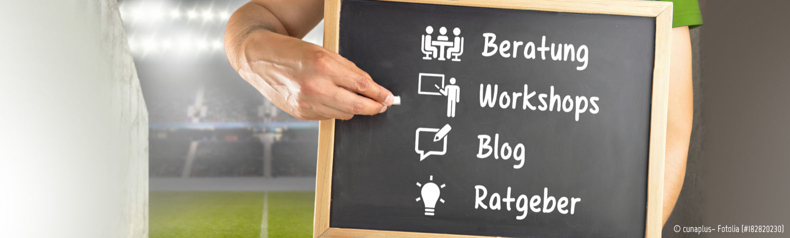 Tafel mit Beratung, Workshops, Blog und Ratgeber Symbolen