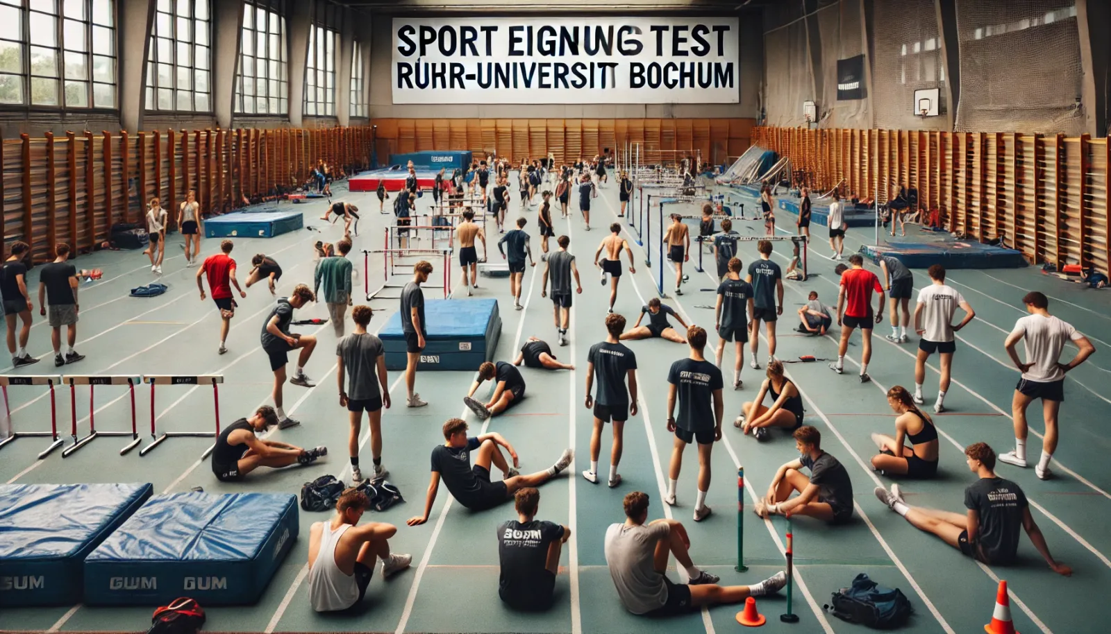 Sporthalle mit vielen Kandidaten beim Sporteignungstest Ruhr-Universität Bochum, verschiedene Übungen und Geräte