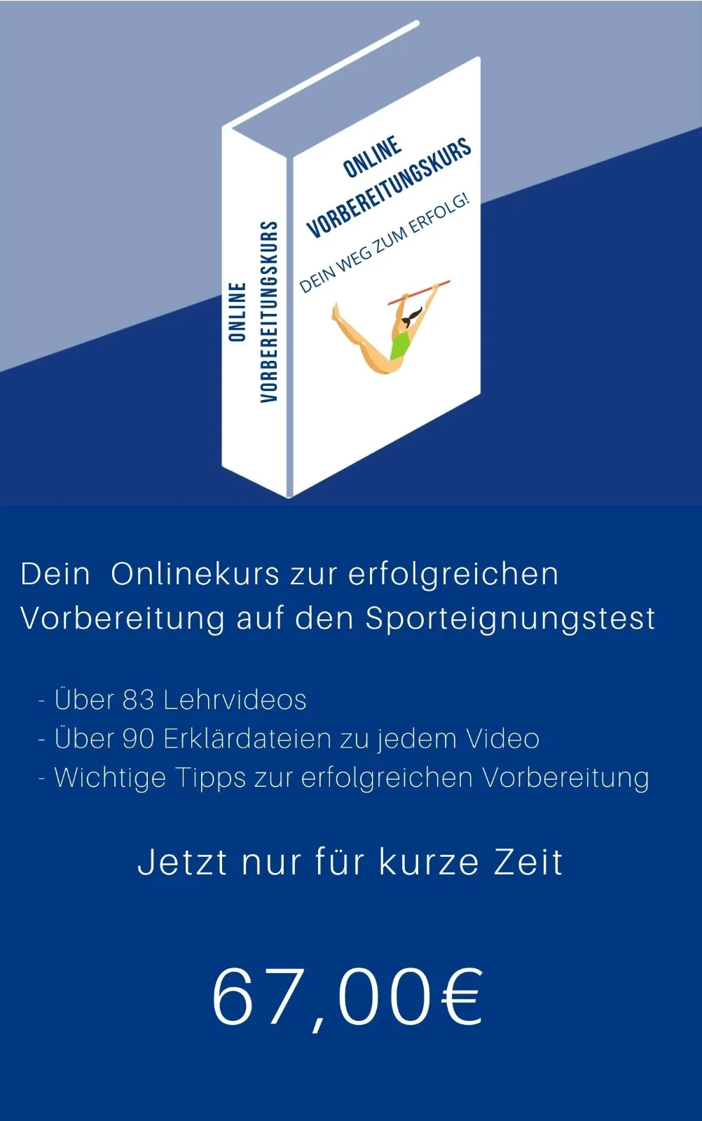 Produktabbildung Online-Vorbereitungskurs mit 3D-Buchcover, Text "Online Vorbereitungskurs - Dein Weg zum Erfolg", Sportler-I
