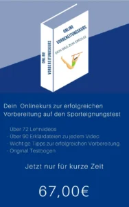 Online-Vorbereitungskurs Sporteignungstest Leipzig mit Buchcover-Mockup und Preisangabe 67 Euro