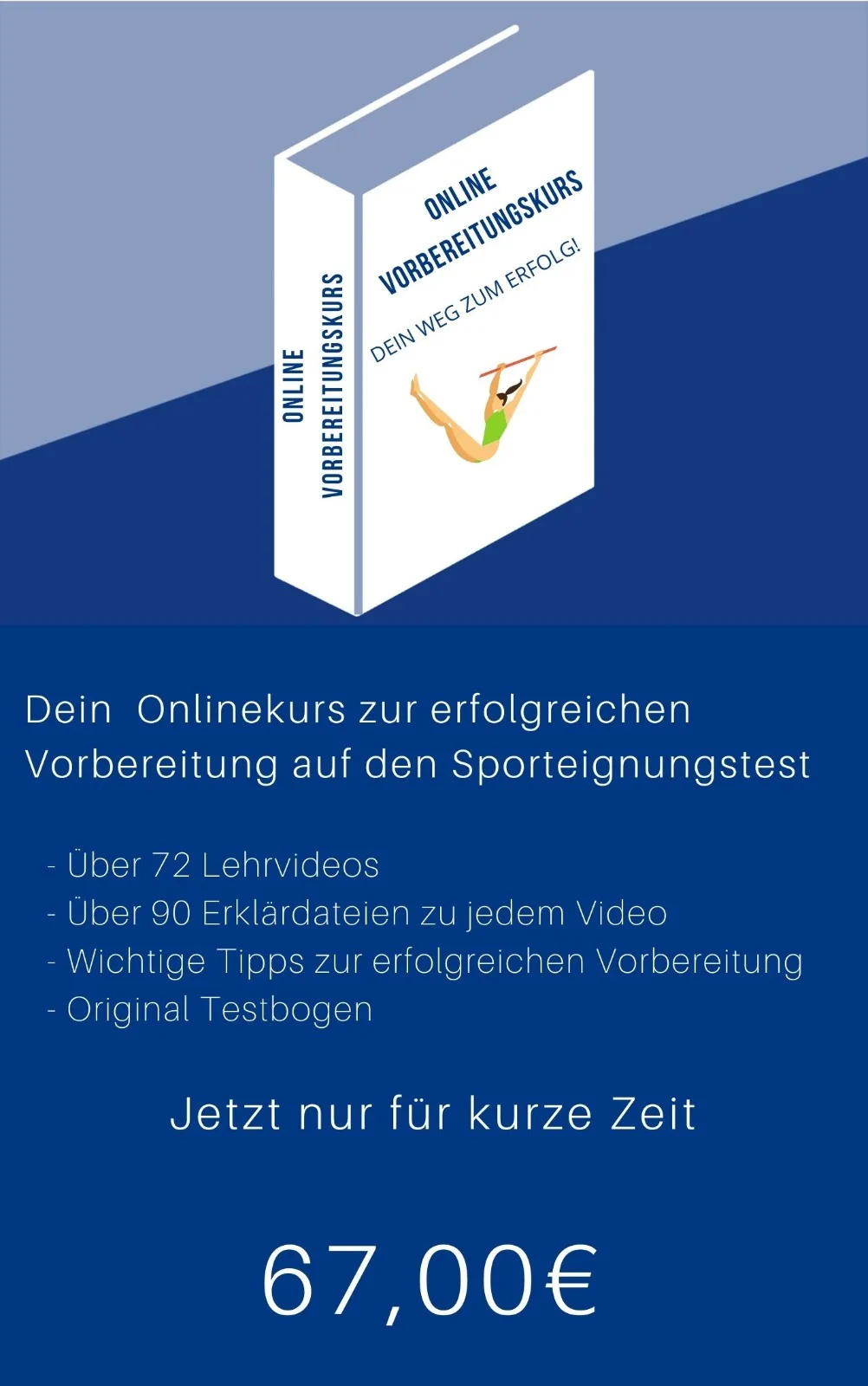 Online-Vorbereitungskurs Sporteignungstest Leipzig mit Buchcover-Mockup und Preisangabe 67 Euro