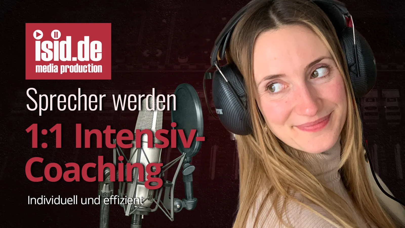 Hero-Banner für Sprecher-Coaching mit Frau mit Kopfhörern und isid.de Logo