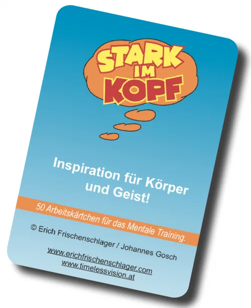 Stark im Kopf Kartenset – 50 Übungskarten für mentales Training 3 Stark im Kopf Kartenset Cover mit blauem Hintergrund, gelbem Logo und orangem Streifen
