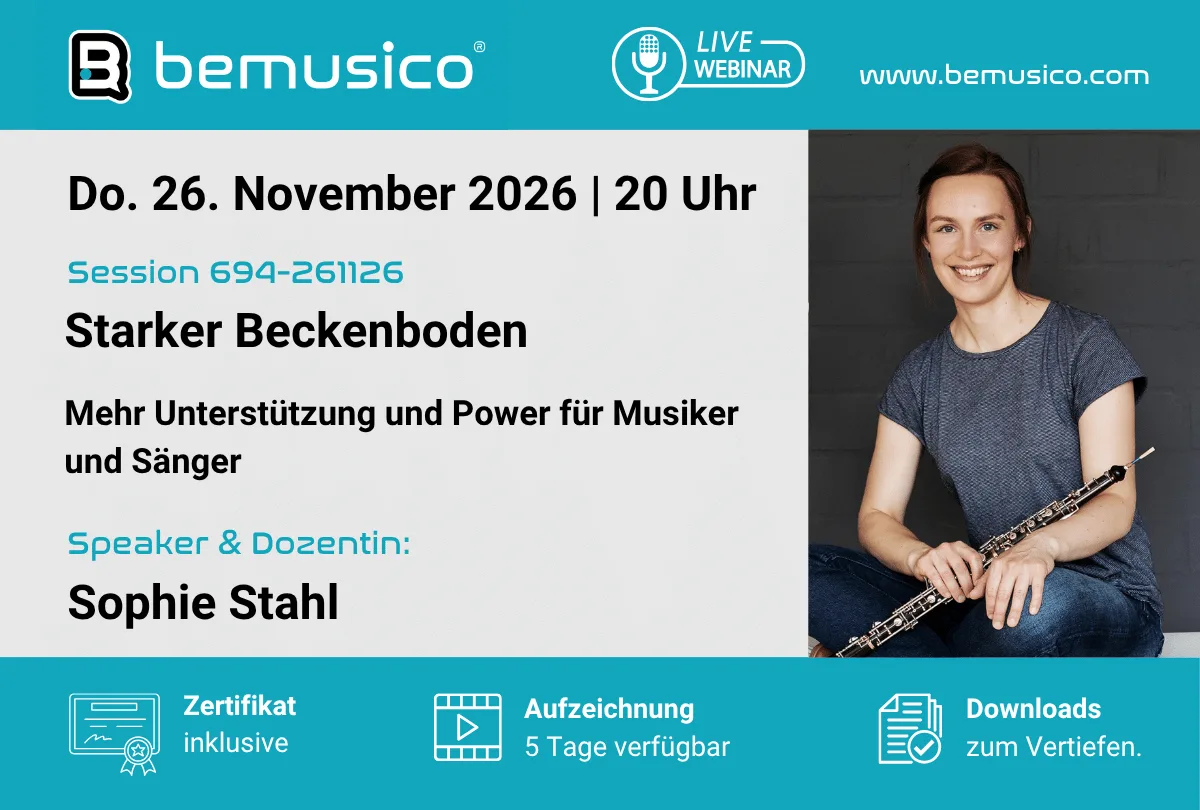 Webinar-Ankündigung für Starker Beckenboden – starke Stütze mit Sophie Stahl, Datum 26. November 2026, 20 Uhr