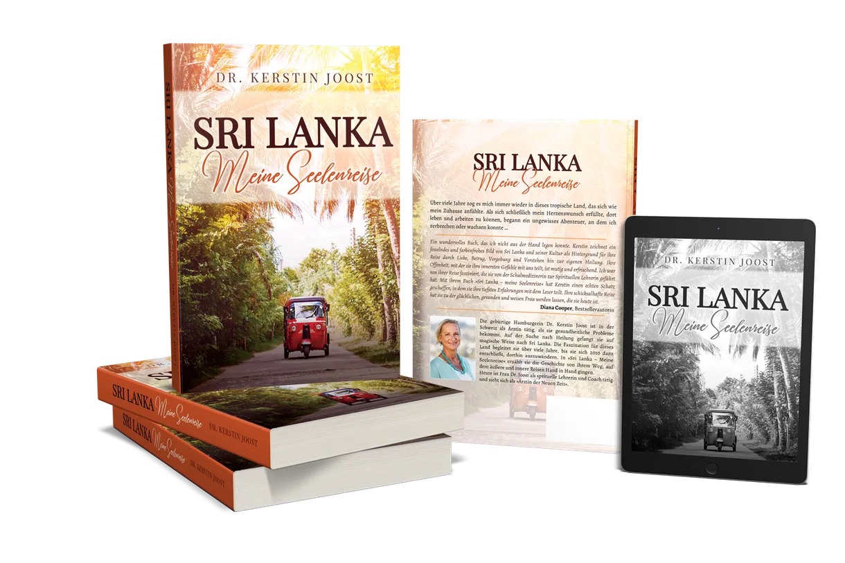 Mockup von Buch, Tablet und E-Reader mit Sri Lanka Meine Seelenreise Buch von Dr. Kerstin Joost