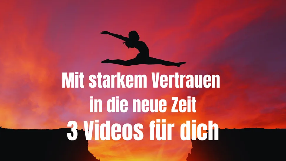 Hero-Banner mit springender Frau vor rotem Sonnenuntergang, Textoverlay: Mit starkem Vertrauen in die neue Zeit - 3 Videos fü