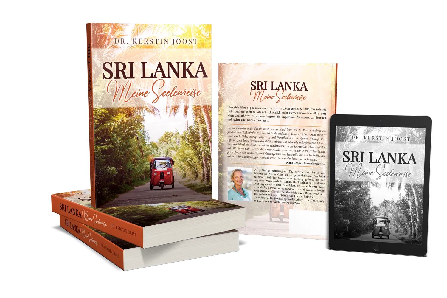 Mockup von drei Geräten: Buch, Tablet und E-Reader mit Buch Sri Lanka Meine Seelenreise von Dr. Kerstin Joost