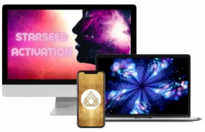 Starseed Activation Kurs auf Monitor, Smartphone und Laptop mit goldenem Logo-Symbol
