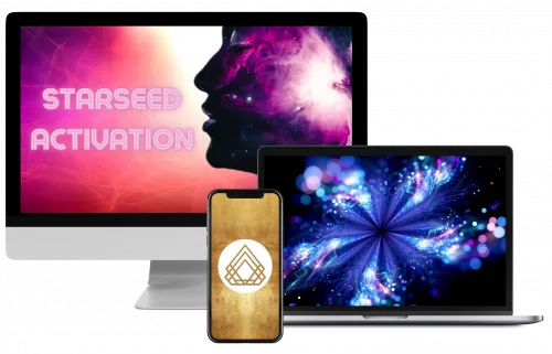 Starseed Activation Kurs auf Monitor, Smartphone und Laptop mit goldenem Logo-Symbol