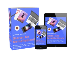 Starter Kit MeineRadionik – Video-Workbook zur Software 1 Starter Kit MeineRadionik mit Box, Smartphone und Tablet-Mockup auf blauem Hintergrund