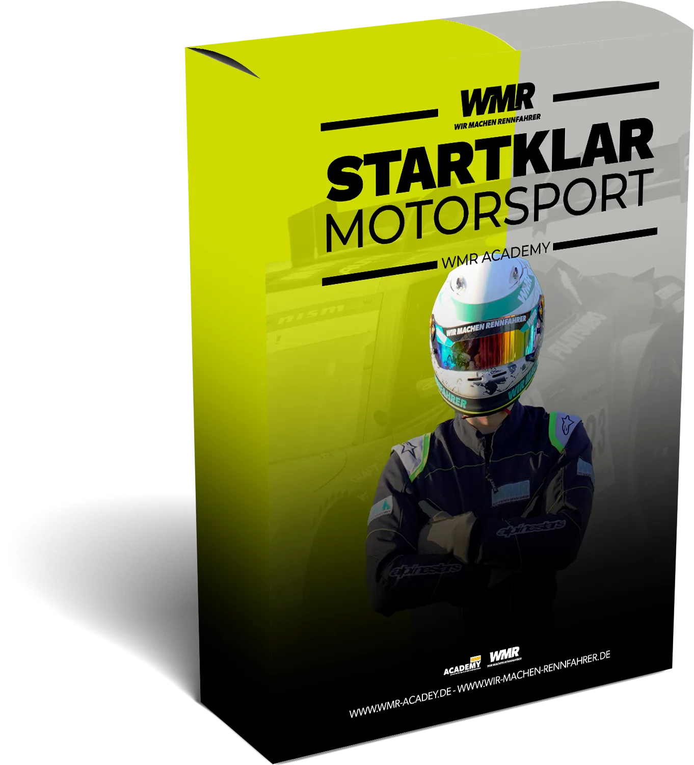 Startklar Motorsport Produktbox mit Helm und Rennfahrer vor grauem Hintergrund
