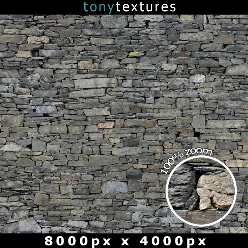 Bruchstein-Naturstein-Trockenmauer in Grau und Braun, raue Oberfläche, nahtlos 8000×4000px