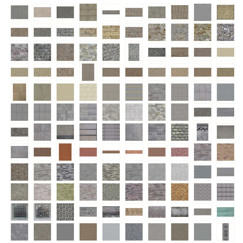 Übersichts-Galerie mit 120 verschiedenen Stein- und Wandtexturen in Miniaturansicht, sortiert nach Materialtyp