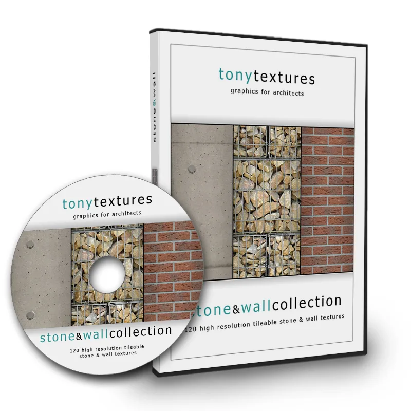 CD-Box und DVD-Hülle Stone & Wall Collection mit Textur-Vorschaubildern für Architektur-Renderings