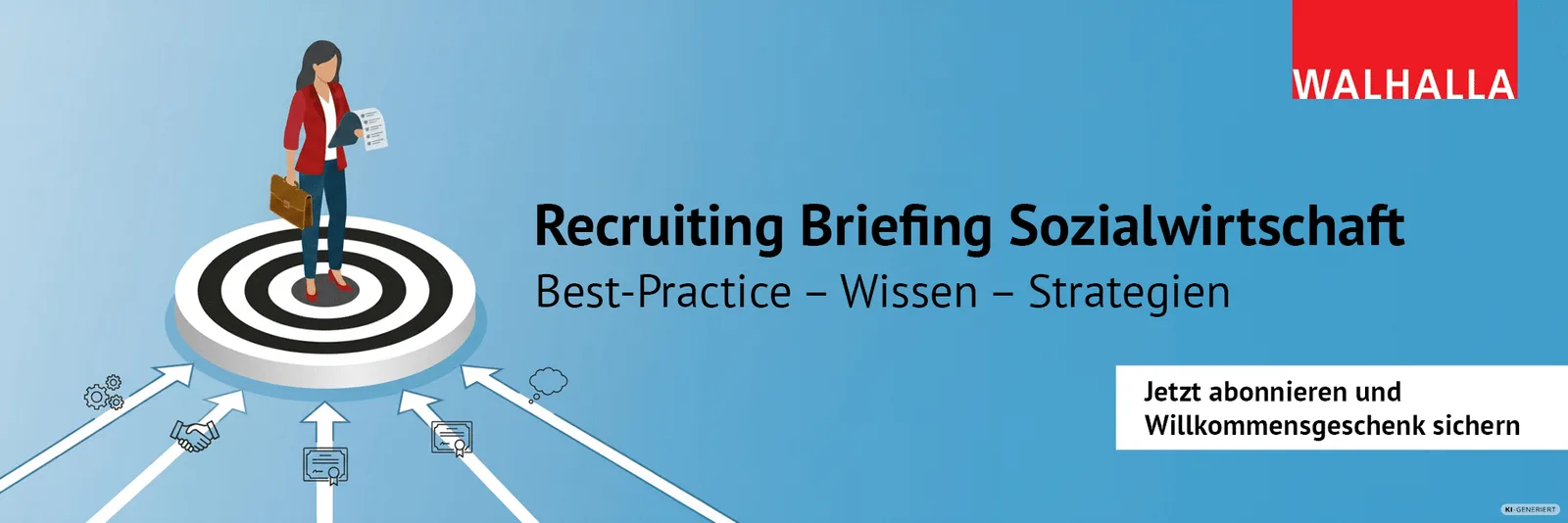 Recruiting Briefing Sozialwirtschaft Banner mit Frau auf Zielscheibe und Pfeilen