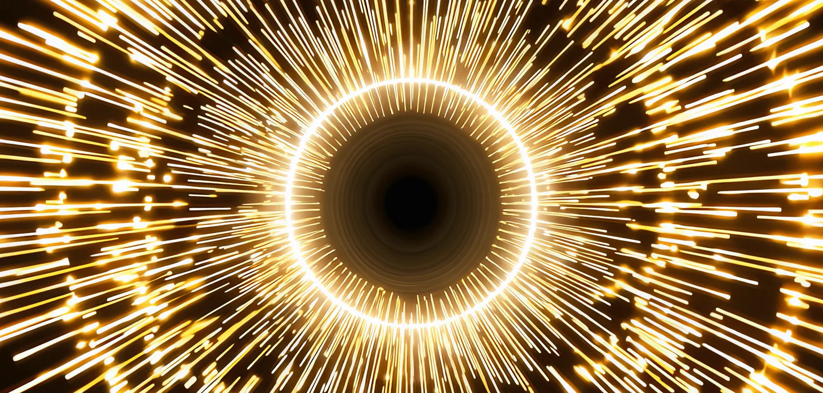 Leuchtend goldenes Auge mit strahlenförmigem Licht-Effekt auf dunklem Hintergrund, spirituelle Bewusstseins-Visualisierung