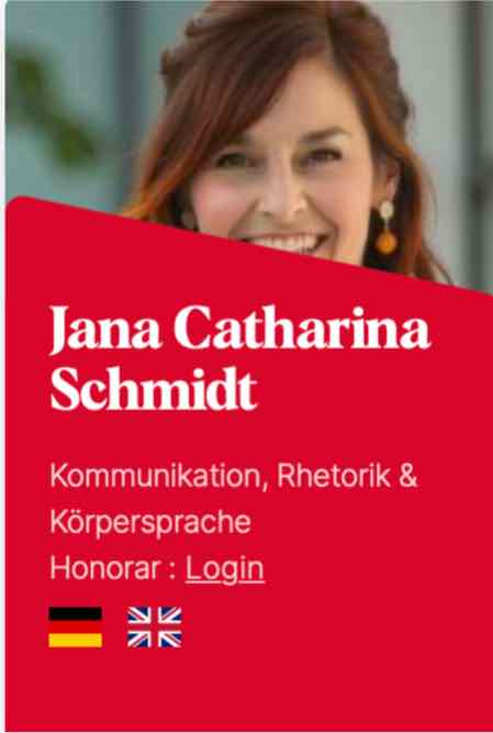 Jana Catharina Schmidt auf rotem Hintergrund mit Fachbezeichnungen