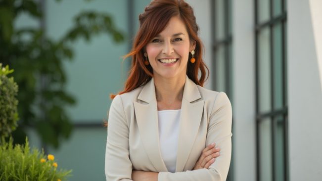 Jana Catharina Schmidt in Businessbekleidung mit verschränkten Armen vor Grün