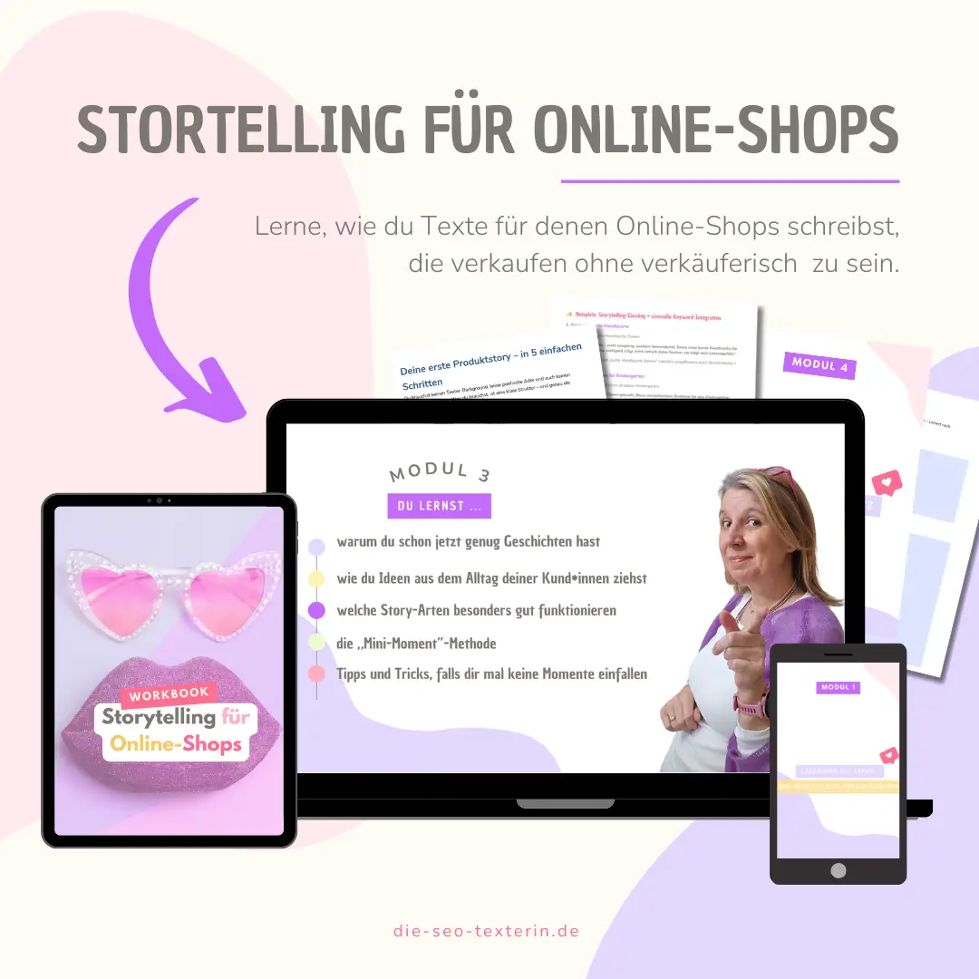 Storytelling für Online-Shops Kurs-Mockup auf verschiedenen Geräten