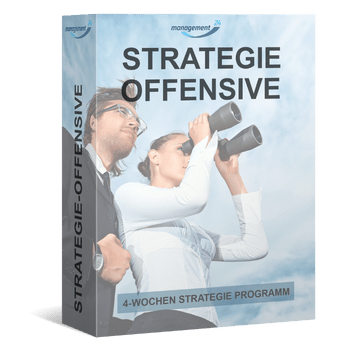 Produktbox Strategie-Offensive mit 4-Wochen-Strategieprogramm auf blauem Hintergrund