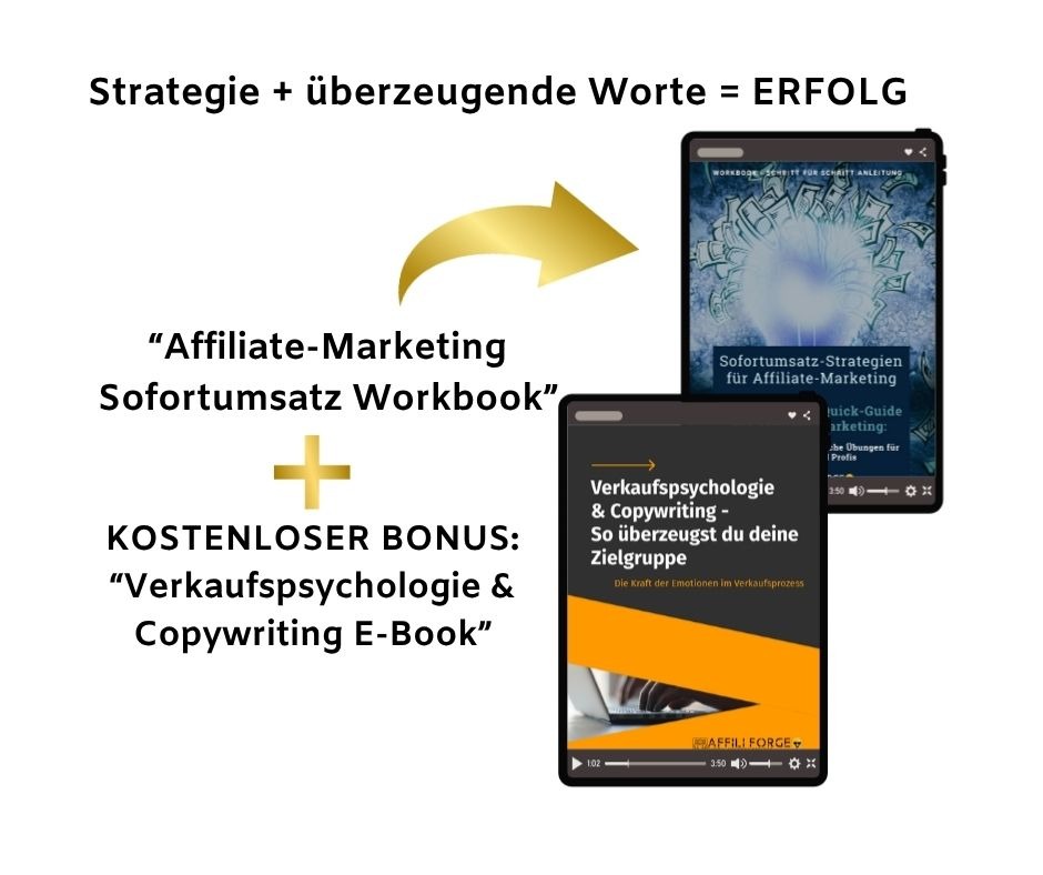Produktdarstellung mit Workbook und E-Book auf Tablet-Mockups mit Erfolgspfeil