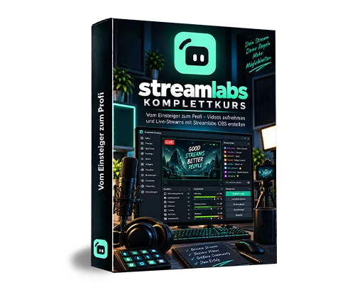 Streamlabs OBS Komplettkurs Produktbox mit Streamlabs-Logo, Monitor, Kopfhörer und Streaming-Equipment