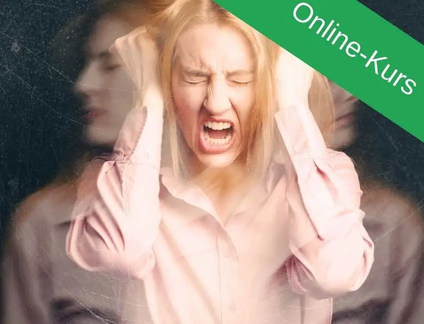Frau mit rötlichem Haar in rosa Jacke, gestresst, grünes Online-Kurs-Banner diagonal oben rechts