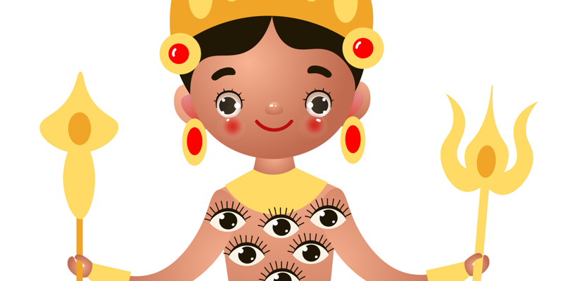 Stressfrei leben – Audio-Coaching von Hajo Michels 15 Illustration einer lächelnden Figur mit vielen Augen am Körper, goldene Symbole, buddhistische Ästhetik