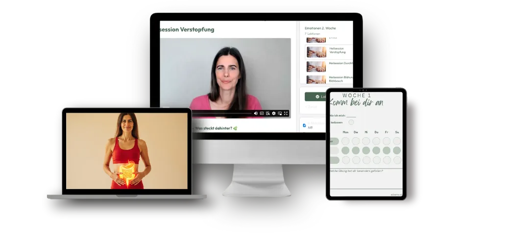 Mockup: Kurs-Module auf Laptop, Desktop und Tablet mit Videosession und Planungs-Tools