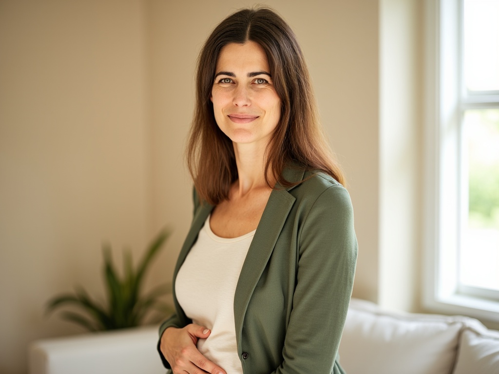 Dörte Schmitten in hellem Innenraum, Hand auf dem Bauch, grüne Strickjacke