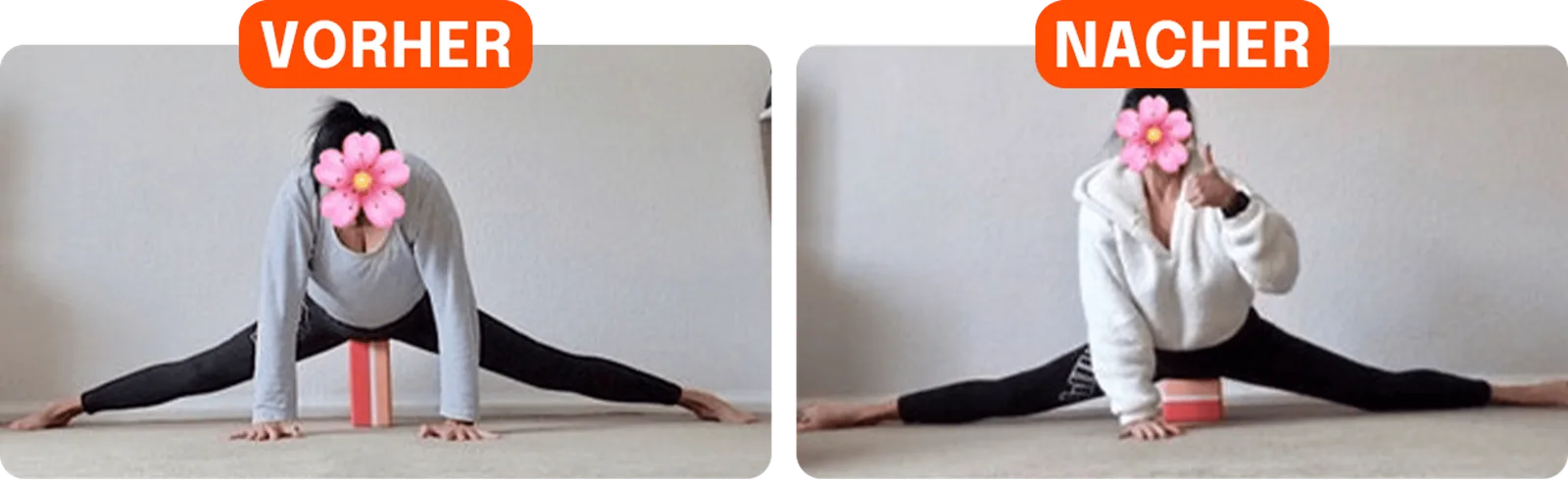 Vorher-Nachher: Frau macht tiefere Spagat-Position mit verbesserter Flexibilität
