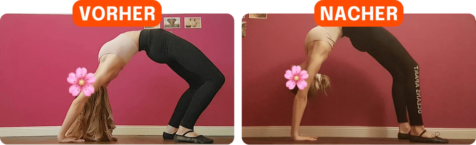 Vorher-Nachher Vergleich: Frau mit geringerer Flexibilität vor und nach Challenge