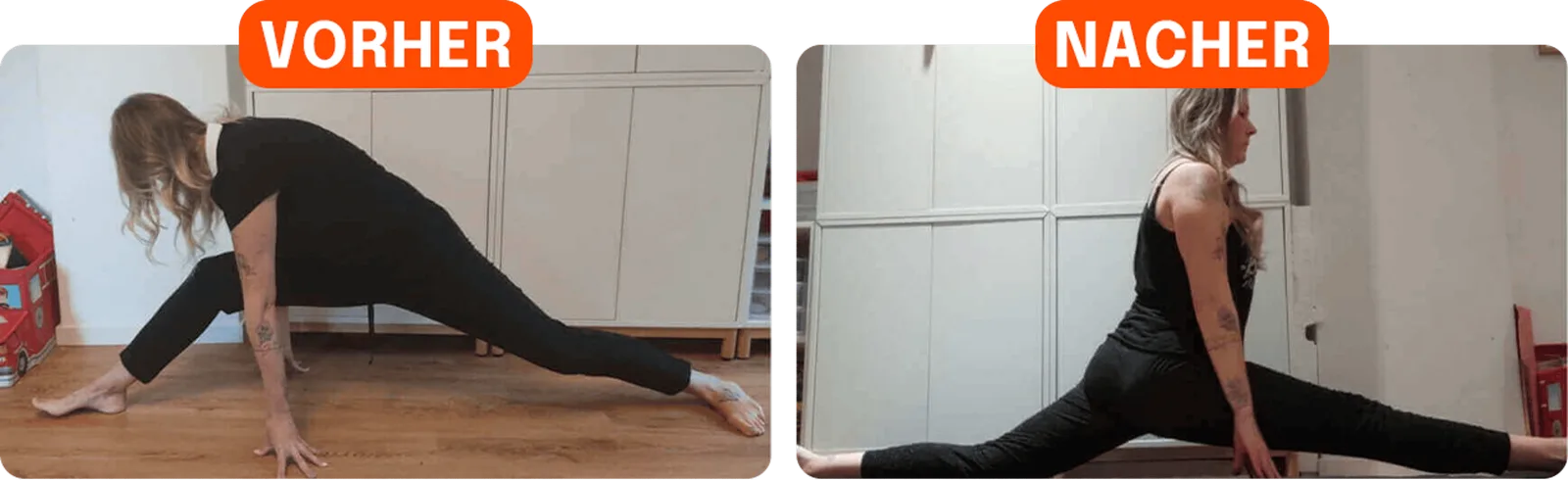 Vorher-Nachher: Frau mit schlechterer Flexibilität vs. tieferem Spagat mit Blume
